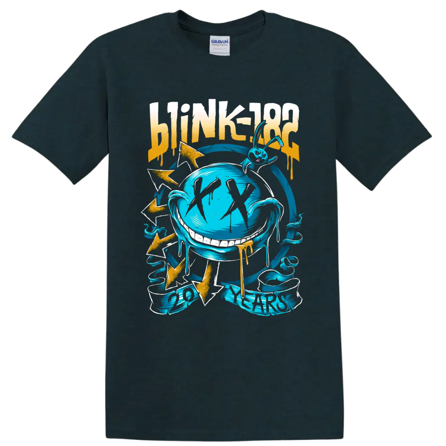 Blink-182 punk rock graphic with distressed lettering, blue globe, and lightning bolts on a Midnight (Green) T Shirt