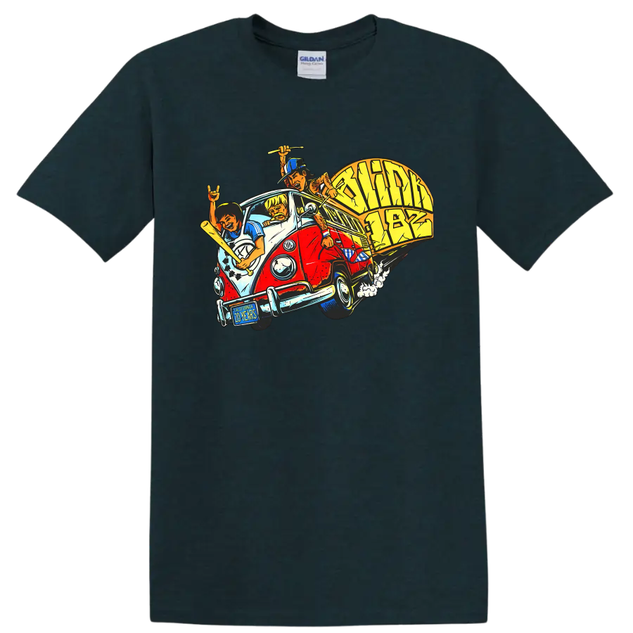 Blink-182 punk rock van graphic print with musicians and instruments on a Midnight (Green) T Shirt