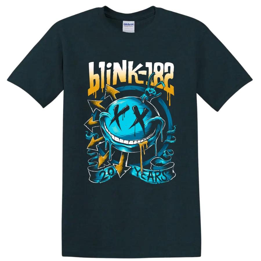 Blink-182 punk rock graphic with turquoise-blue cartoon bunny and gold accents on a Midnight (Green) T Shirt