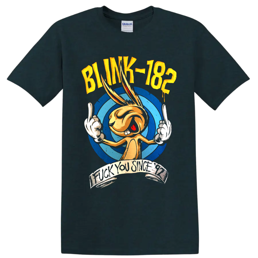 Blink-182 punk rock cartoon graphic with distressed lettering on a Midnight (Green) T Shirt