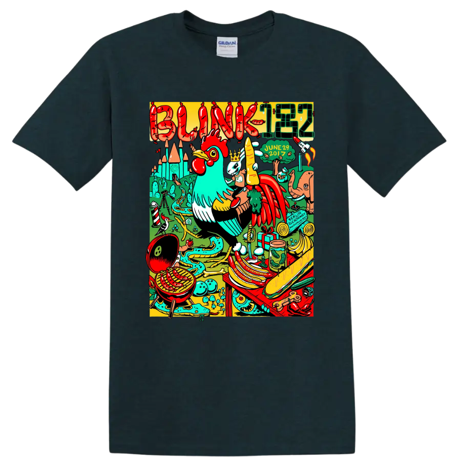 Blink-182 colorful punk rock collage graphic with playful characters on a Midnight (Green) T Shirt