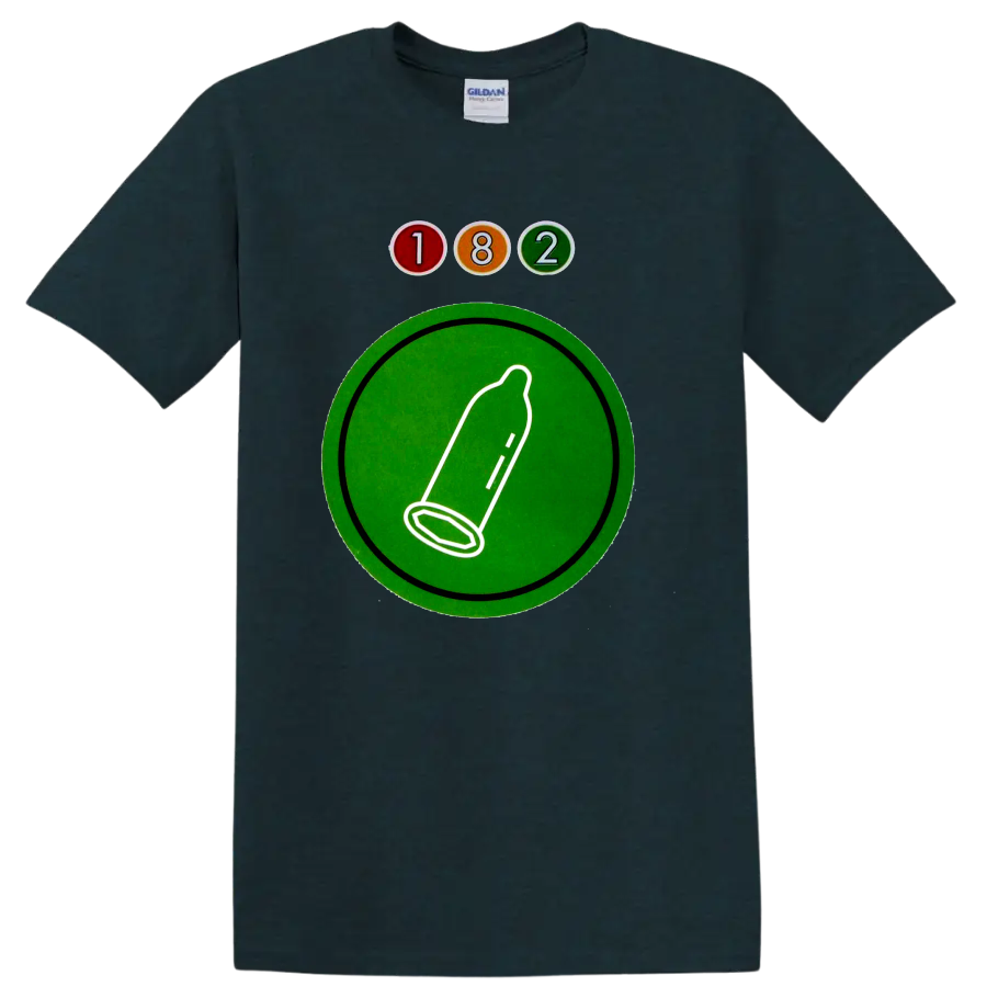 Blink-182 182 logo with colorful circles and green graphic emblem on a Midnight (Green) T Shirt