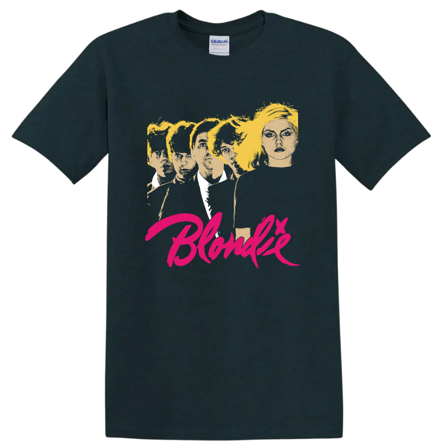 Blondie punk rock band portrait with vivid pink script lettering on a Midnight (Green) T Shirt