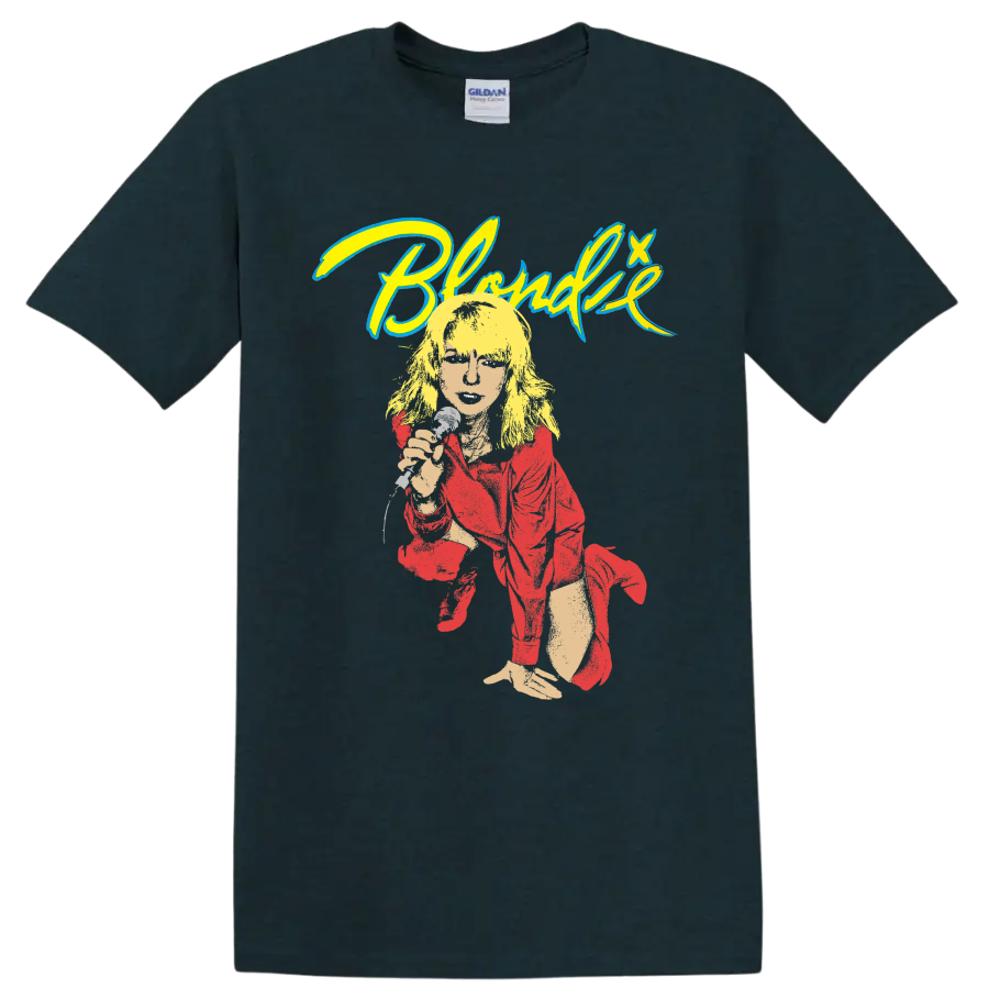 Blondie punk rock graphic with performer, microphone, and bold logo lettering on a Midnight (Green) T Shirt