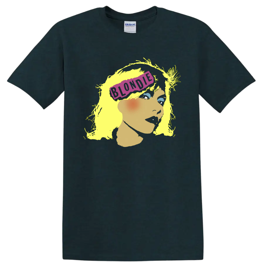 Blondie punk rock portrait with yellow hair and purple banner on a Midnight (Green) T Shirt