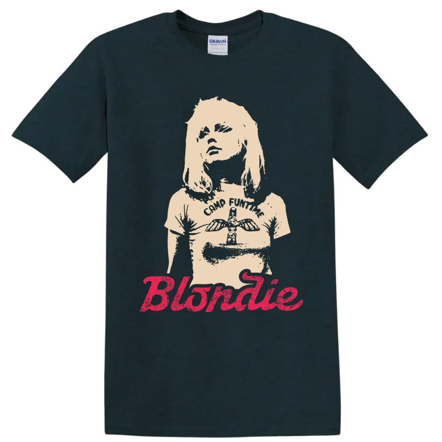 Blondie punk rock portrait with bold pink script lettering on a Midnight (Green) T Shirt