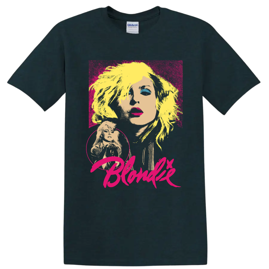 Blondie Debbie Harry pop art portrait with bold pink lettering on a Midnight (Green) T Shirt