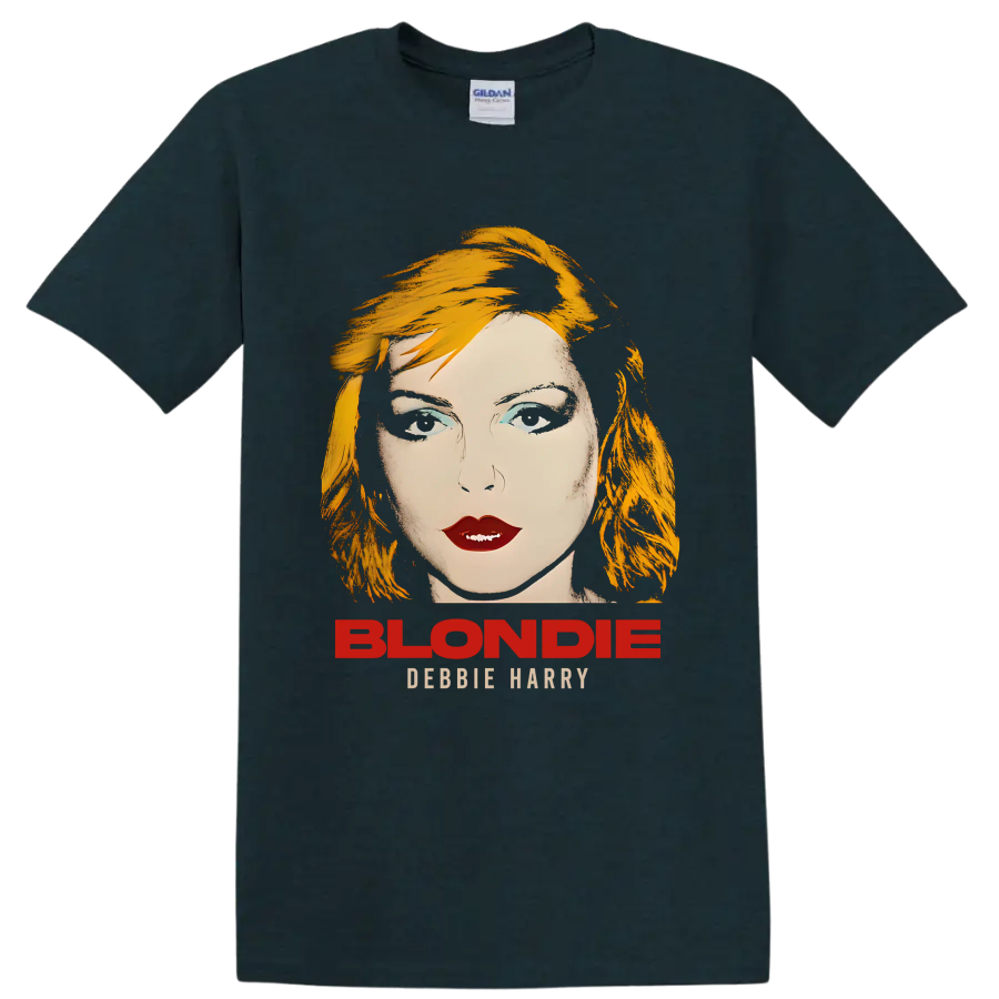 Blondie Debbie Harry portrait graphic with bold punk rock lettering on a Midnight (Green) T Shirt