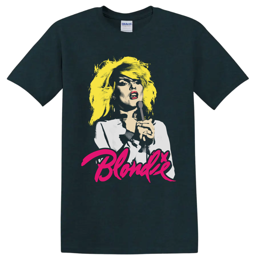 Blondie punk rock singer portrait graphic with microphone and pink lettering on a Midnight (Green) T Shirt