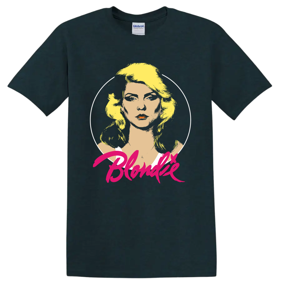 Blondie punk rock portrait graphic with pink script lettering on a Midnight (Green) T Shirt