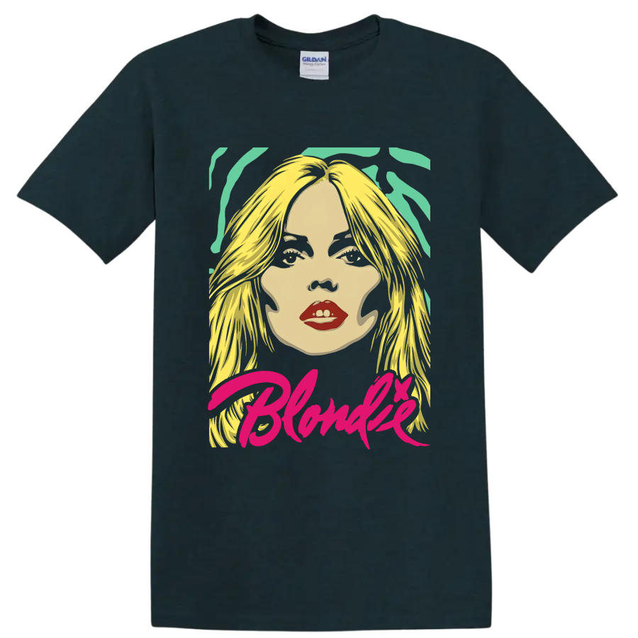 Blondie Debbie Harry pop-art portrait with pink script lettering on a Midnight (Green) T Shirt