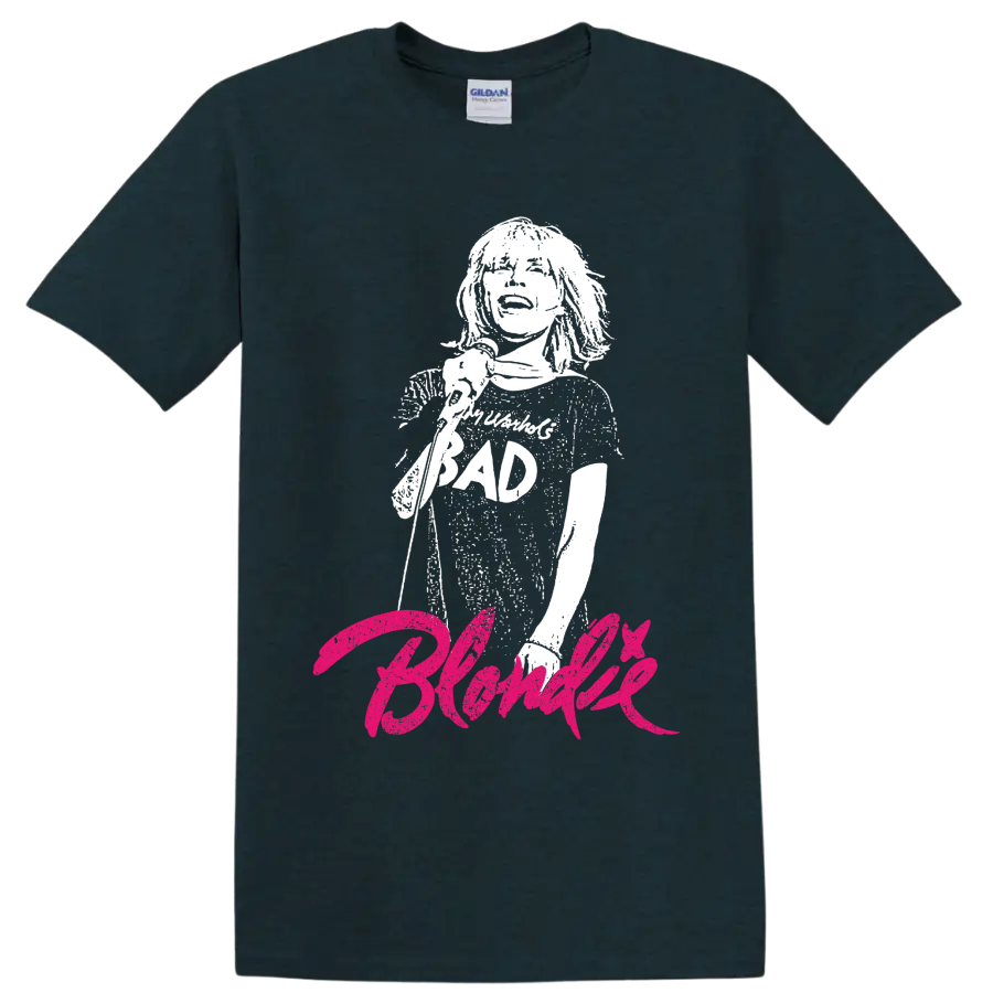 Debbie Harry portrait with hot pink Blondie punk rock lettering on a Midnight (Green) T Shirt