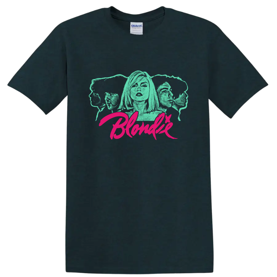 Blondie aqua portrait graphic with hot pink script lettering on a Midnight (Green) T Shirt