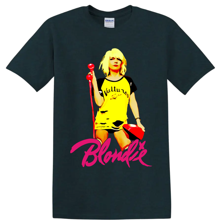 Blondie punk rock vocalist graphic with red microphone and pink script lettering on a Midnight (Green) T Shirt