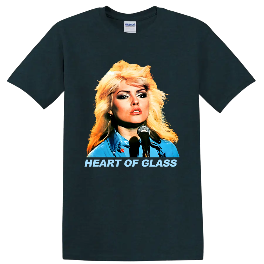 Blondie singer portrait with Heart of Glass text, retro punk rock graphic on a Midnight (Green) T Shirt