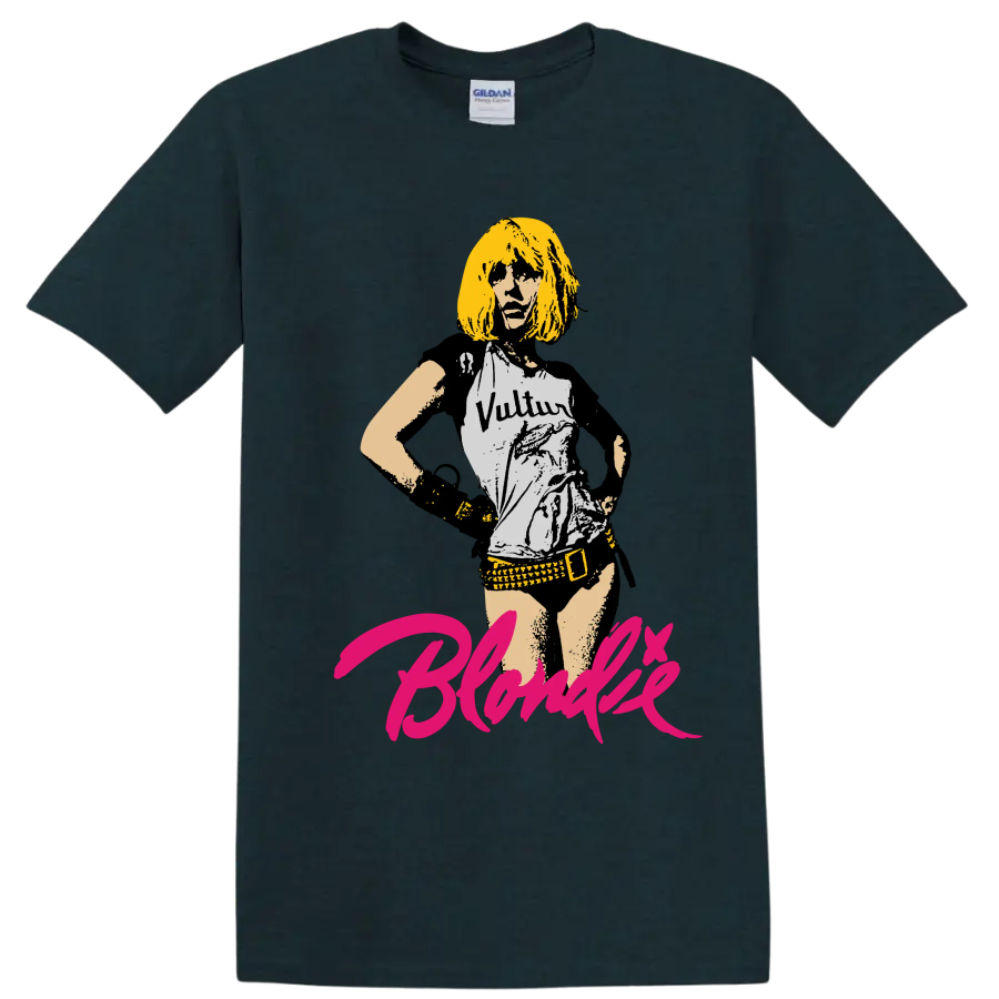 Blondie punk rock portrait graphic with hot pink script lettering on a Midnight (Green) T Shirt