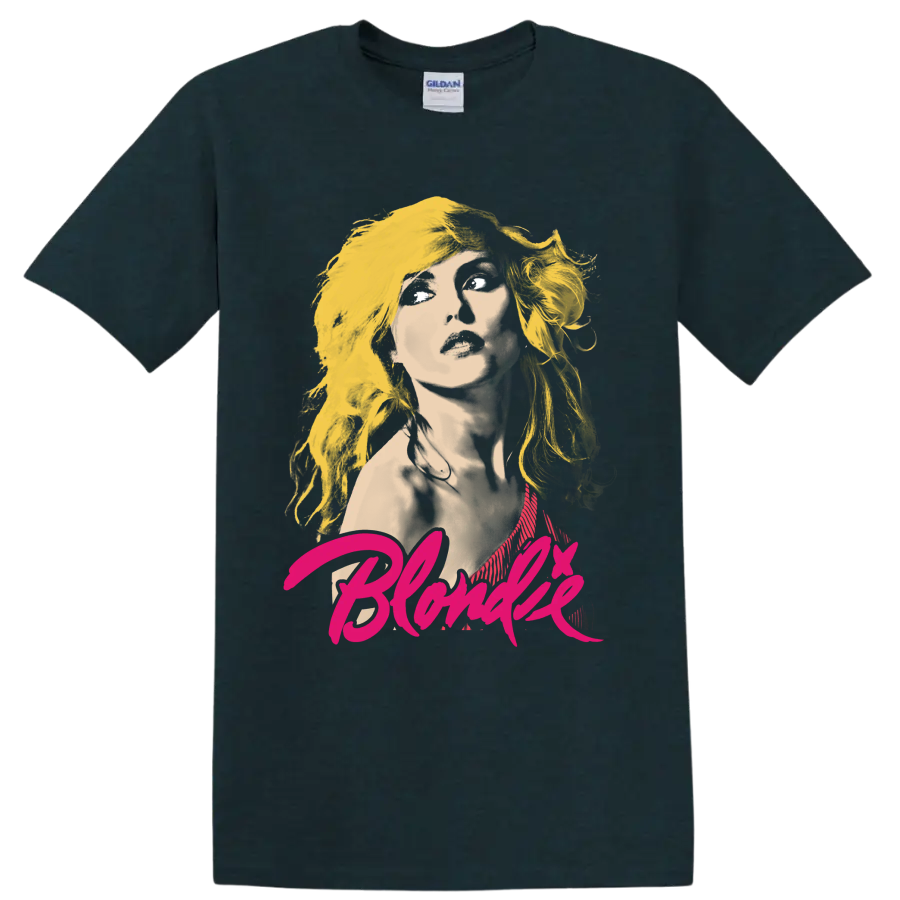 Stylized Debbie Harry portrait from Blondie with bold punk rock graphic lettering on a Midnight (Green) T Shirt