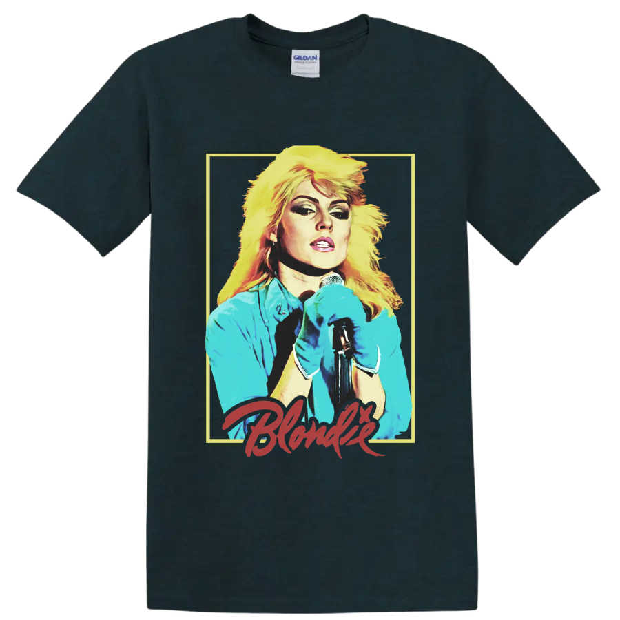Debbie Harry of Blondie punk rock singer portrait with microphone on a Midnight (Green) T Shirt