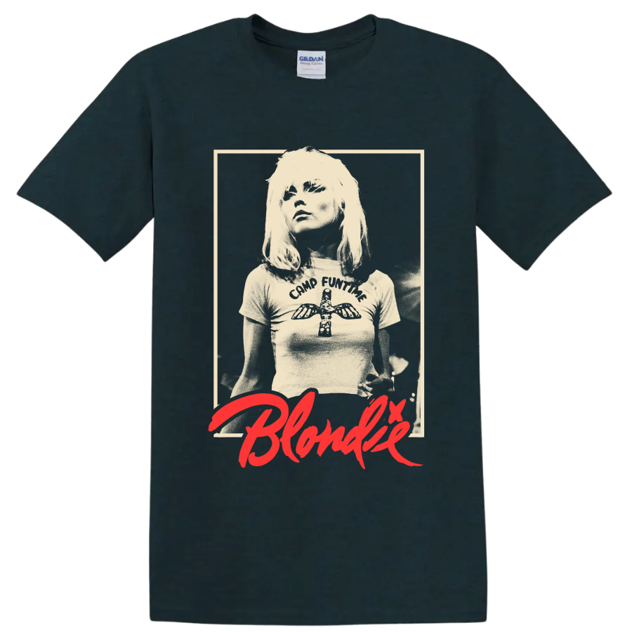 Blondie vintage punk rock portrait with red script graphic print on a Midnight (Green) T Shirt
