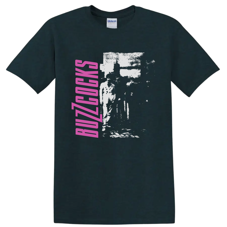 Buzzcocks punk rock band graphic with pink vertical lettering and distressed image on a Midnight (Green) T Shirt