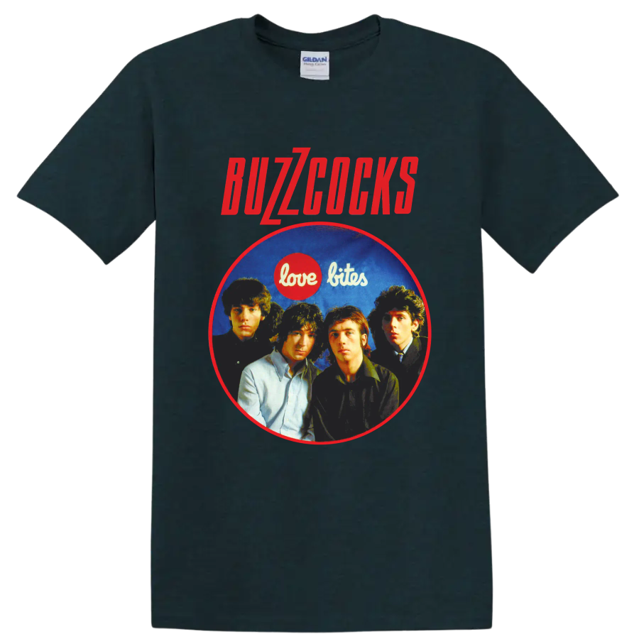 Buzzcocks punk rock band portrait with Love Bites graphic on a Midnight (Green) T Shirt