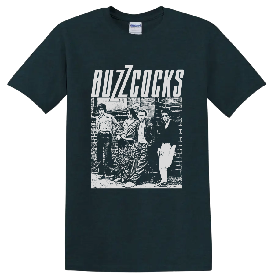Buzzcocks punk rock band distressed monochrome collage with bold lettering on a Midnight (Green) T Shirt