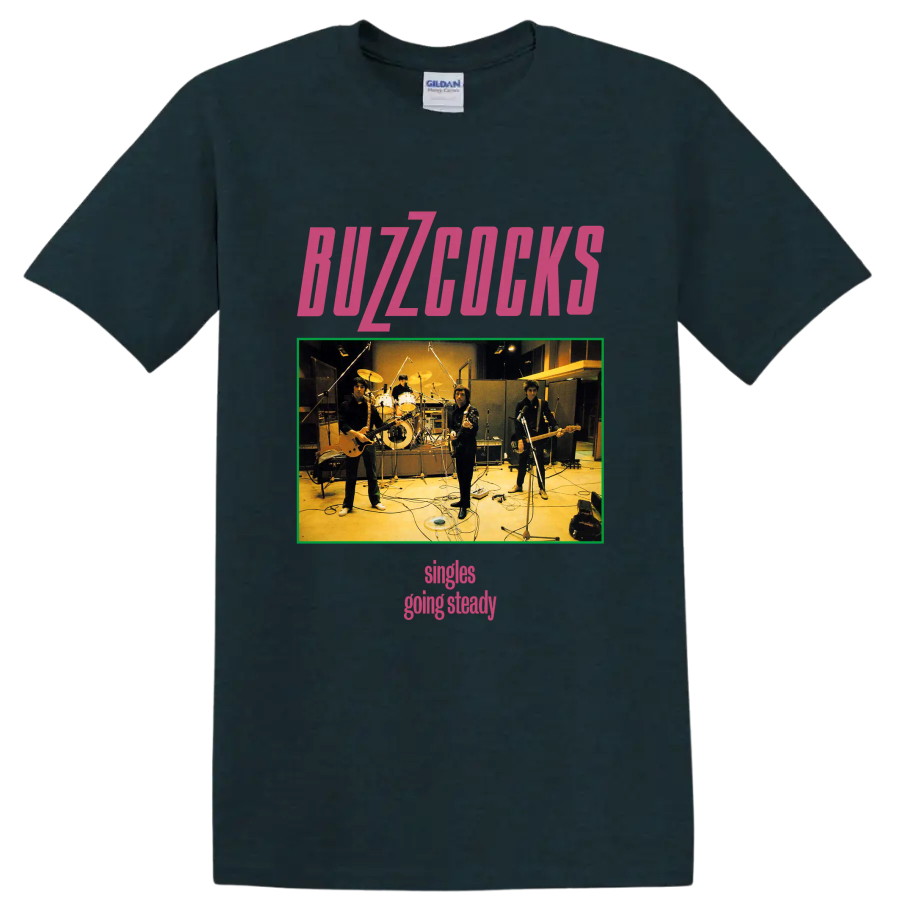 Buzzcocks punk rock band studio photo graphic with pink lettering on a Midnight (Green) T Shirt