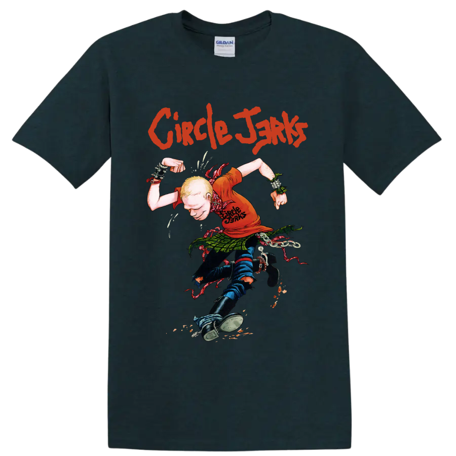 Circle Jerks punk rock graphic with illustrated figure and distressed lettering on a Midnight (Green) T Shirt