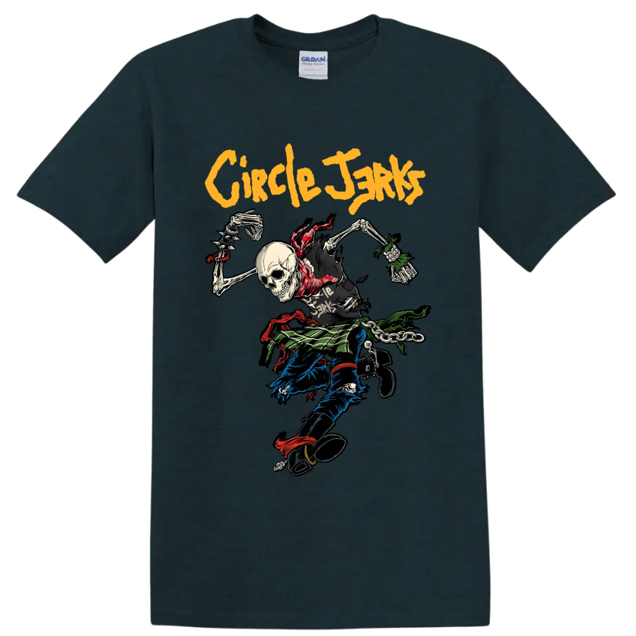 Circle Jerks punk rock skeleton graphic with bold yellow lettering on a Midnight (Green) T Shirt