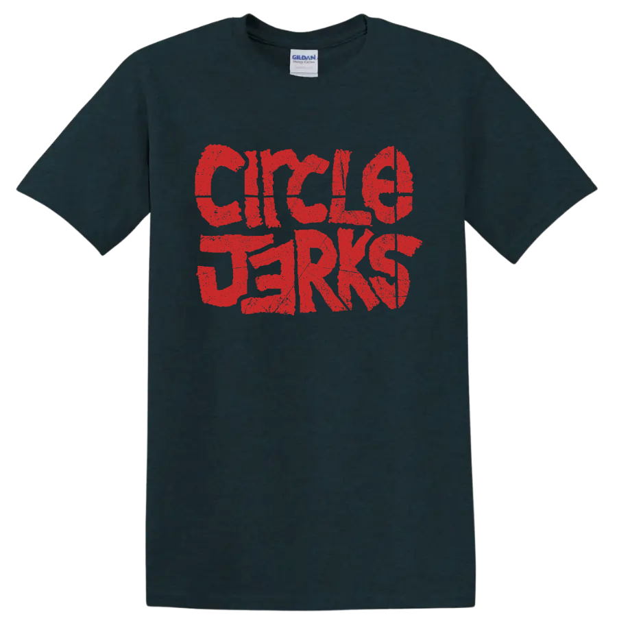 Distressed red Circle Jerks punk rock band lettering graphic on a Midnight (Green) T Shirt