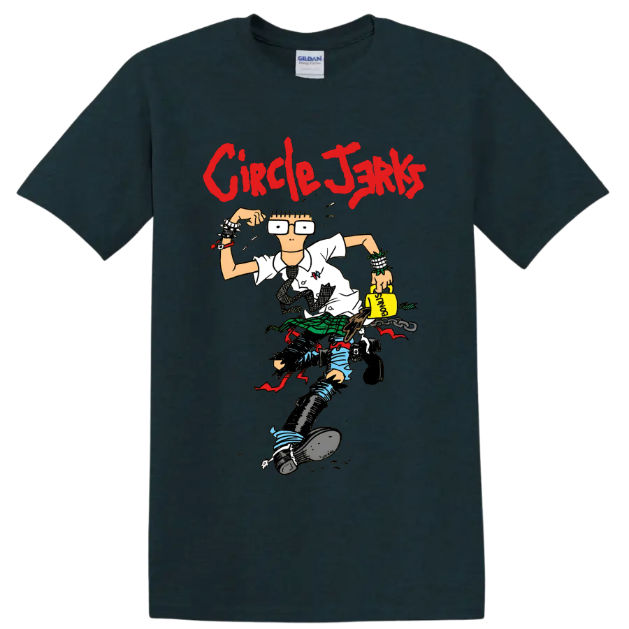Circle Jerks red lettering with cartoon punk character graphic on a Midnight (Green) T Shirt