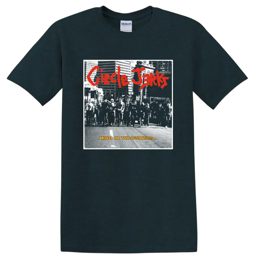 Circle Jerks distressed punk rock band graphic with red lettering on a Midnight (Green) T Shirt