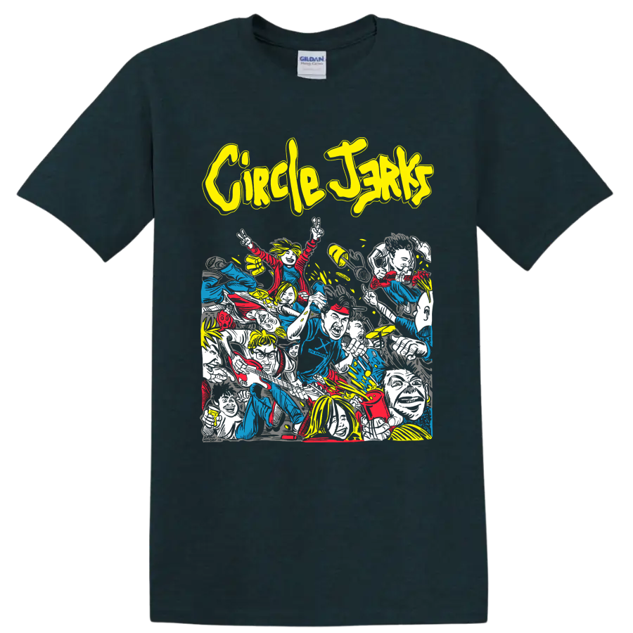 Circle Jerks punk rock band crowd artwork with bold yellow lettering on a Midnight (Green) T Shirt