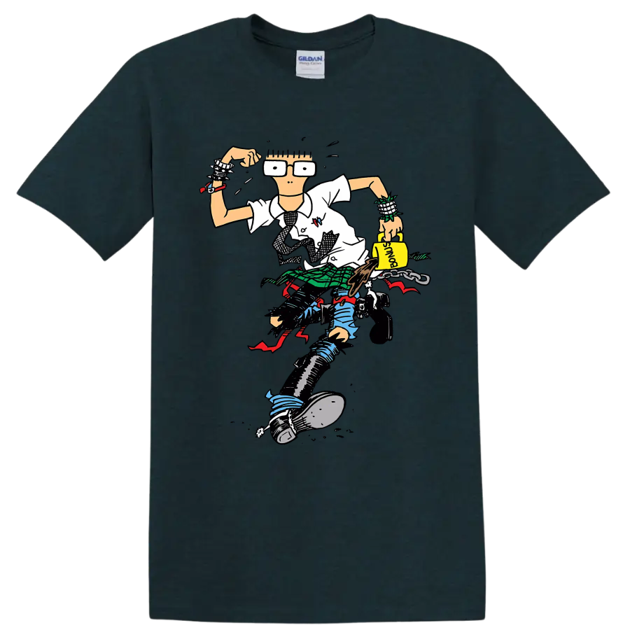 Descendents punk rock character illustration with oversized glasses and plaid details on a Midnight (Green) T Shirt