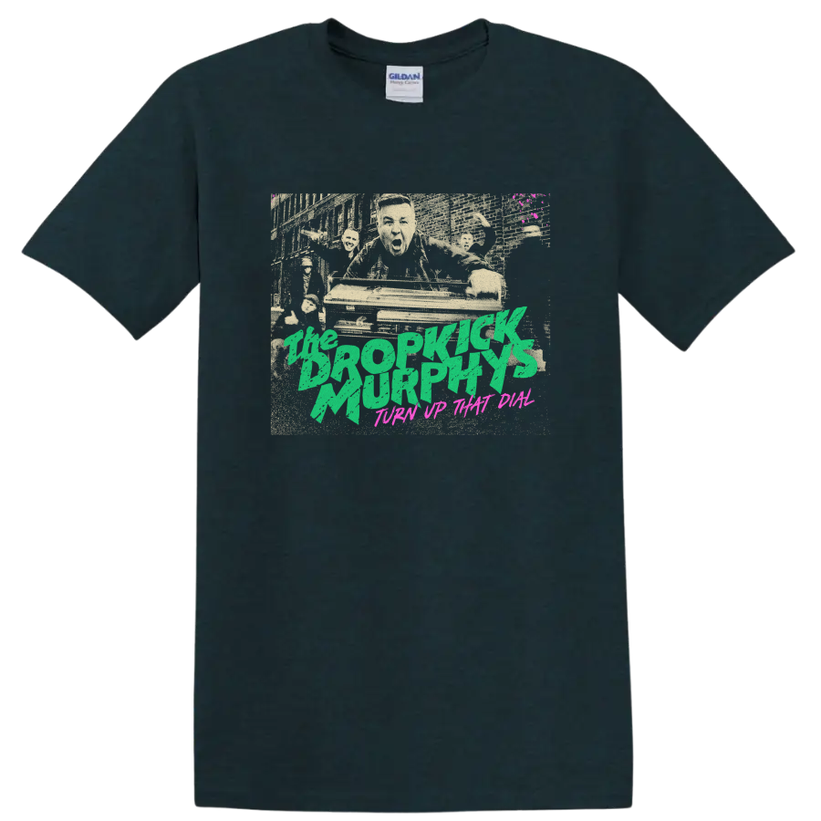 Dropkick Murphys distressed punk rock graphic with green lettering on a Midnight (Green) T Shirt