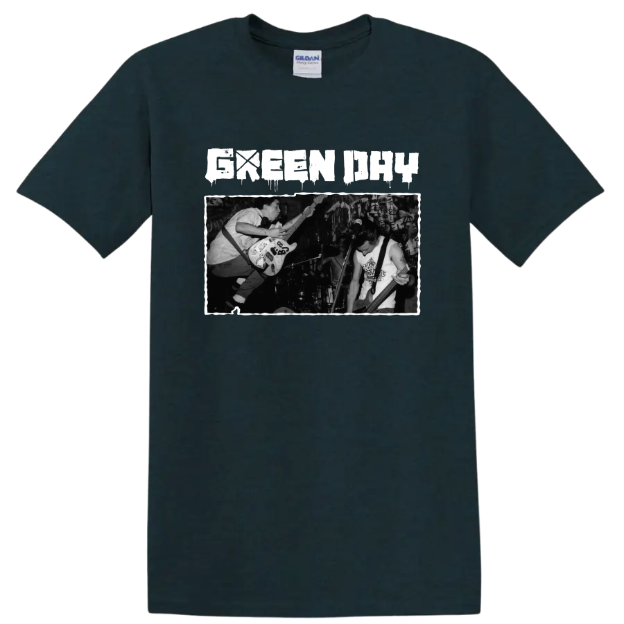 Green Day punk rock live performance graphic with guitarists on stage on a Midnight (Green) T Shirt