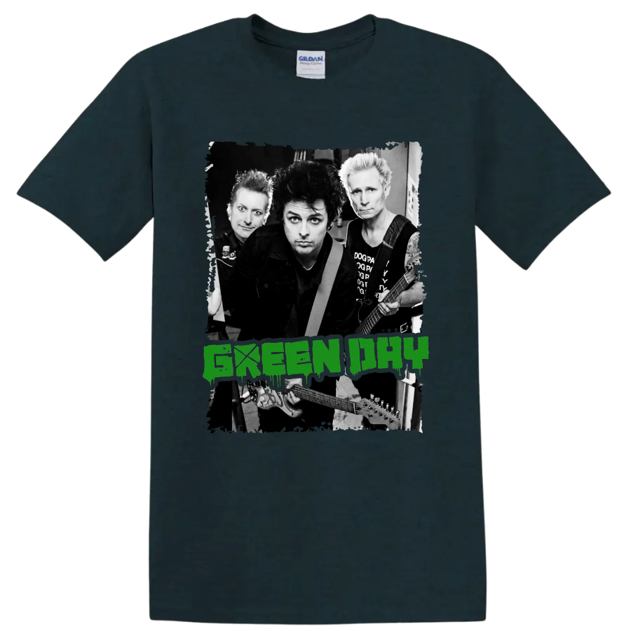 Green Day punk rock band portrait with guitars and distressed green lettering on a Midnight (Green) T Shirt