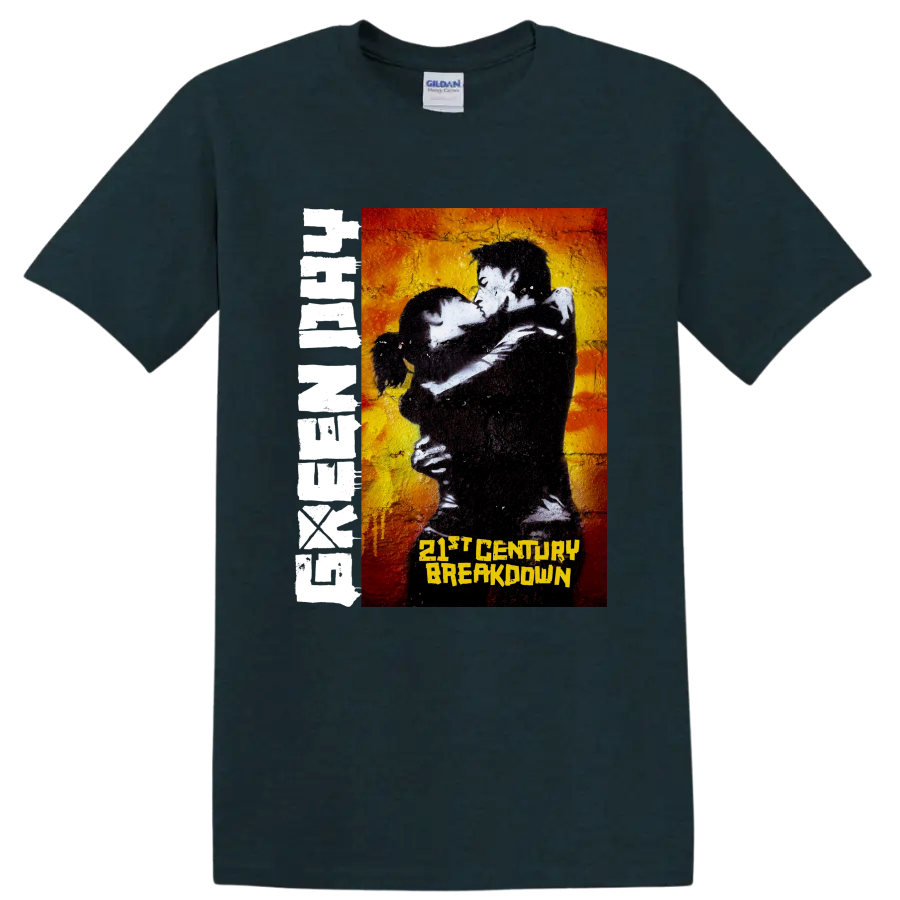 Green Day 21st Century Breakdown punk rock graphic with embracing couple on a Midnight (Green) T Shirt