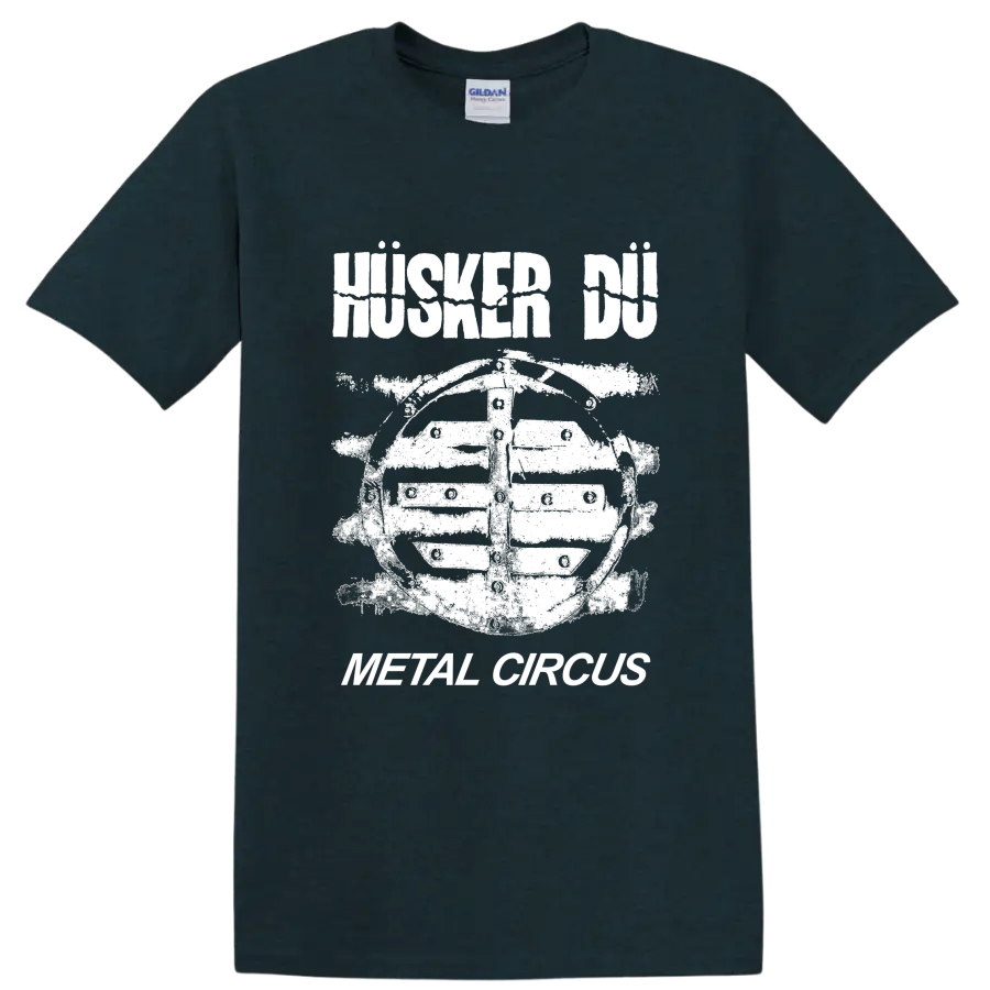 Husker Du punk rock graphic with bold band lettering and illustrated figure on a Midnight (Green) T Shirt