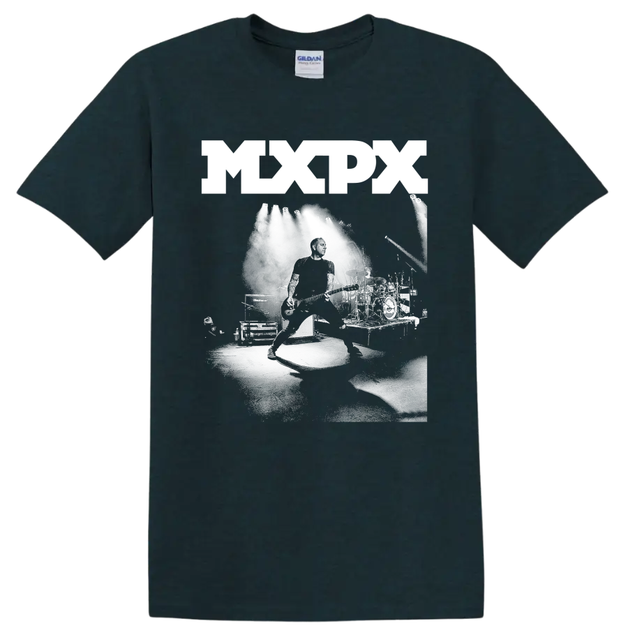 MxPx punk rock graphic print with bold lettering and monochrome illustration on a Midnight (Green) T Shirt
