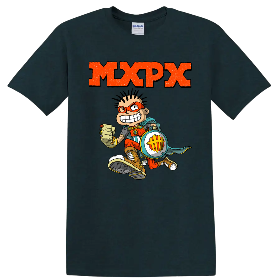 MxPx punk rock graphic with comic skateboarder and distressed orange lettering on a Midnight (Green) T Shirt