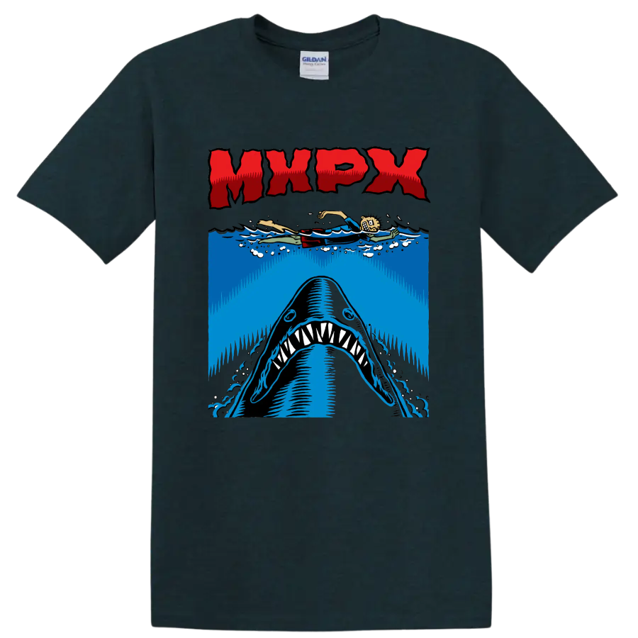 MxPx punk rock shark graphic with swimmer and ocean waves on a Midnight (Green) T Shirt