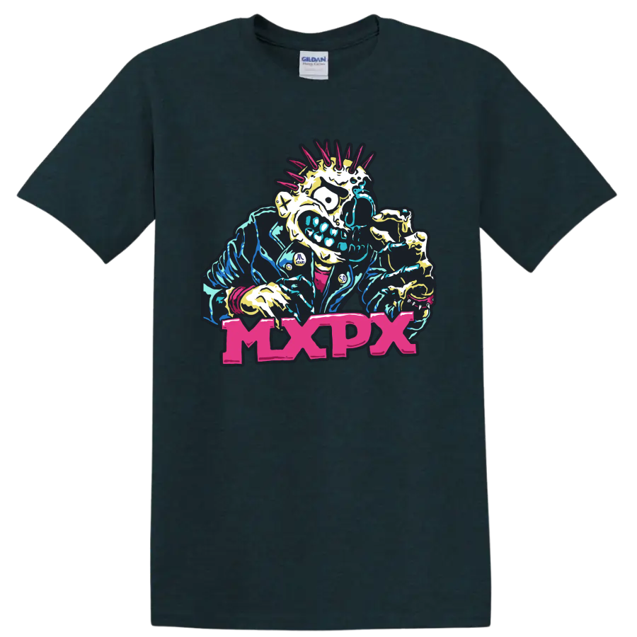 MxPx punk rock mohawked skeleton graphic with bold pink lettering on a Midnight (Green) T Shirt
