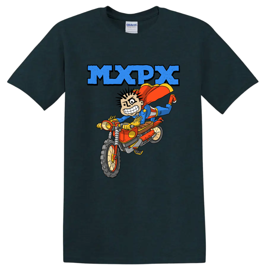 MxPx punk rock cartoon rider on dirt bike graphic on a Midnight (Green) T Shirt