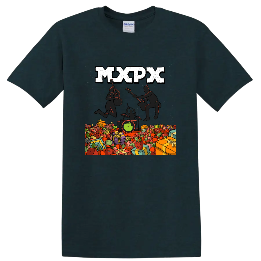 MxPx punk rock graphic with musicians, apples, and wrapped gifts on a Midnight (Green) T Shirt