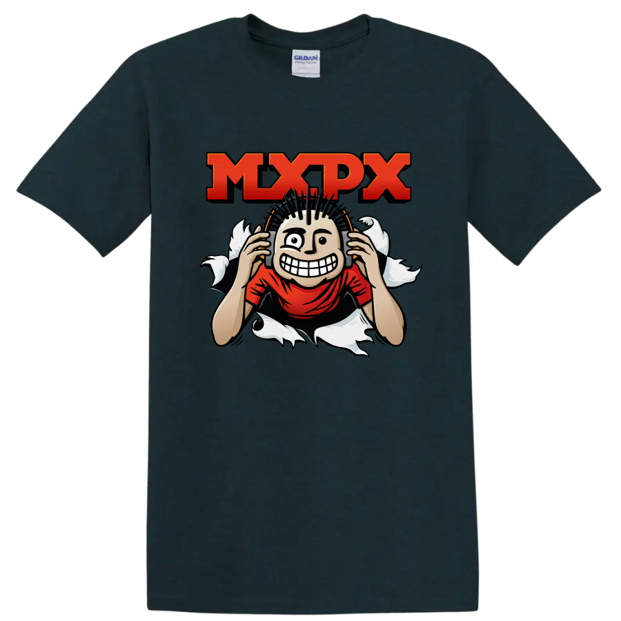 MxPx punk rock graphic with distressed lettering and grinning mohawk character on a Midnight (Green) T Shirt