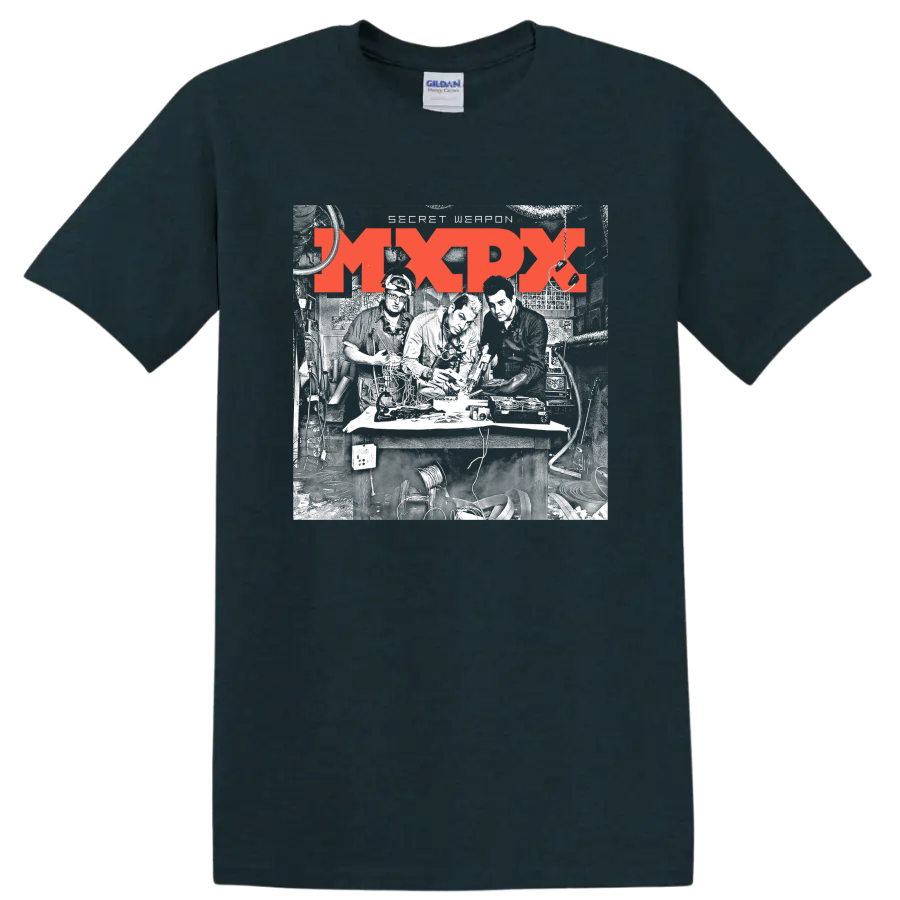 Distressed red MxPx punk rock band logo graphic on a Midnight (Green) T Shirt