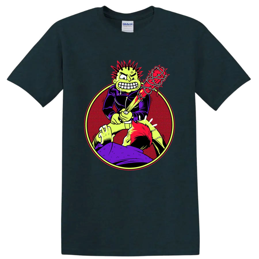 MxPx punk rock character with barbed wire bat graphic on a Midnight (Green) T Shirt