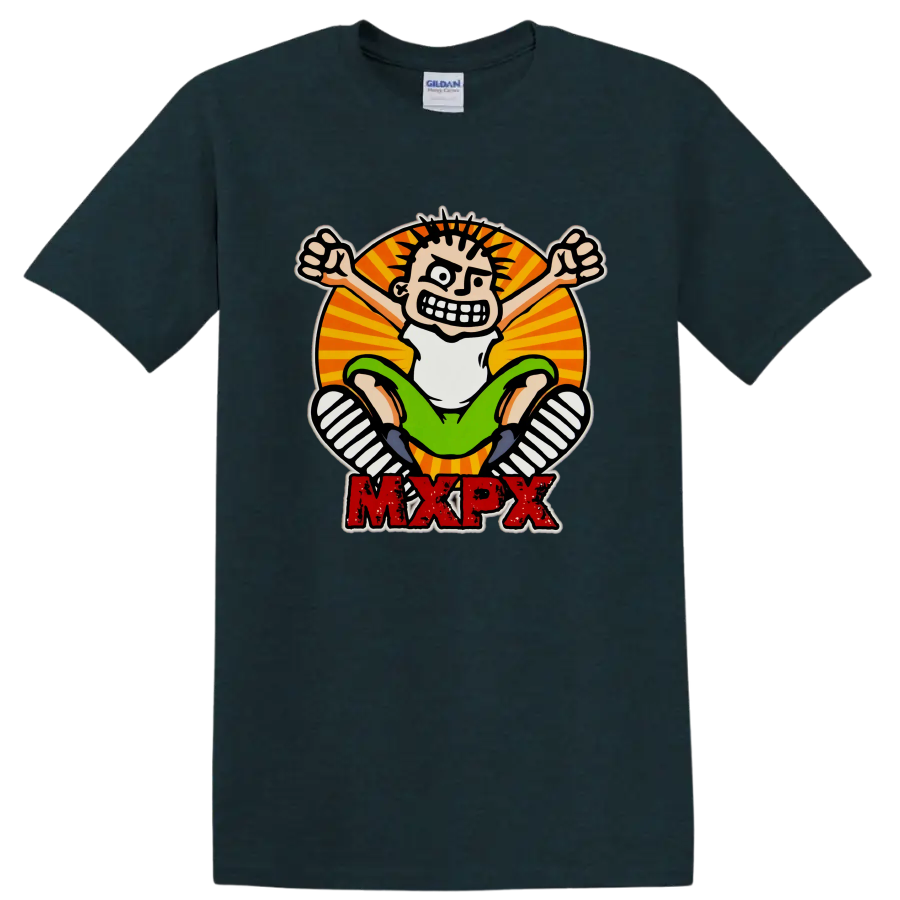 MxPx punk rock cartoon skateboard graphic with distressed red lettering on a Midnight (Green) T Shirt