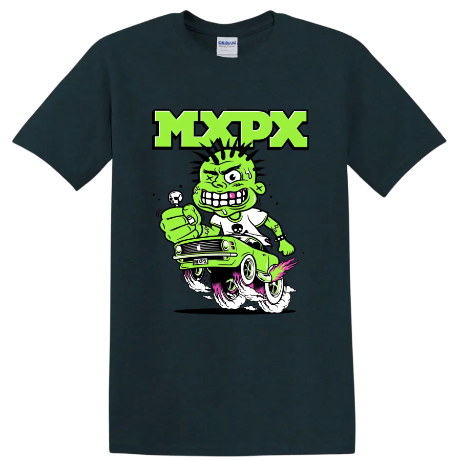 MxPx punk rock cartoon car graphic with green character on a Midnight (Green) T Shirt